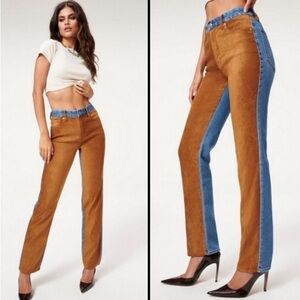 Good American Icon Jeans in brown suede and blue denim